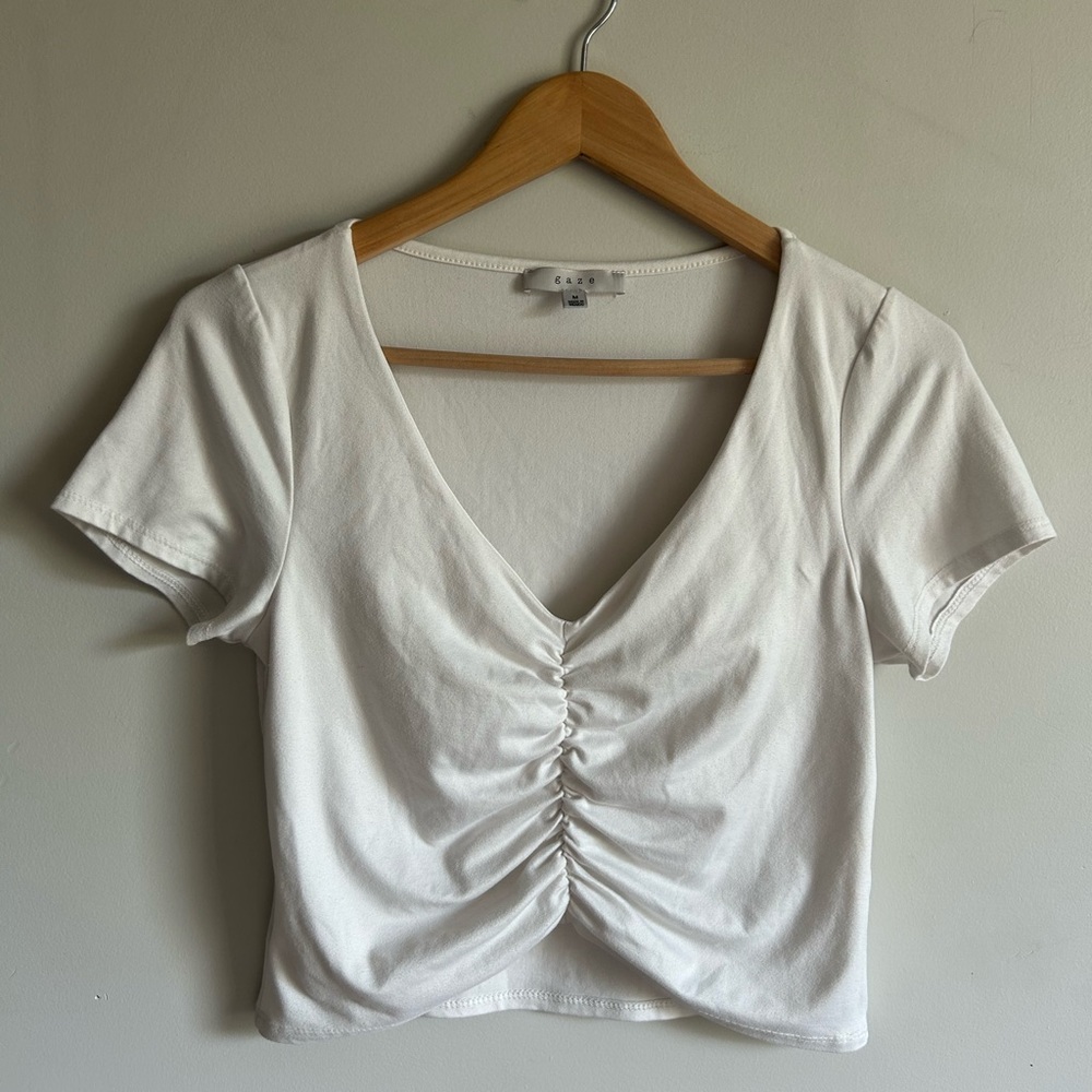 White Ruched V-Neck Women's Top